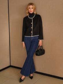 MOTF PREMIUM 羊毛对比色绑带单排扣大衣 - 黑色 - 查看 4