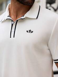 Manfinity Homme 男士商务休闲皇冠与翅膀撞色滚边短袖 POLO 衫，夏季 - 白色 - 查看 5