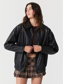 SHEIN EZwear Casual And Stylish Zippered Off-Shoulder PU Leather Jacket - Black - View 1