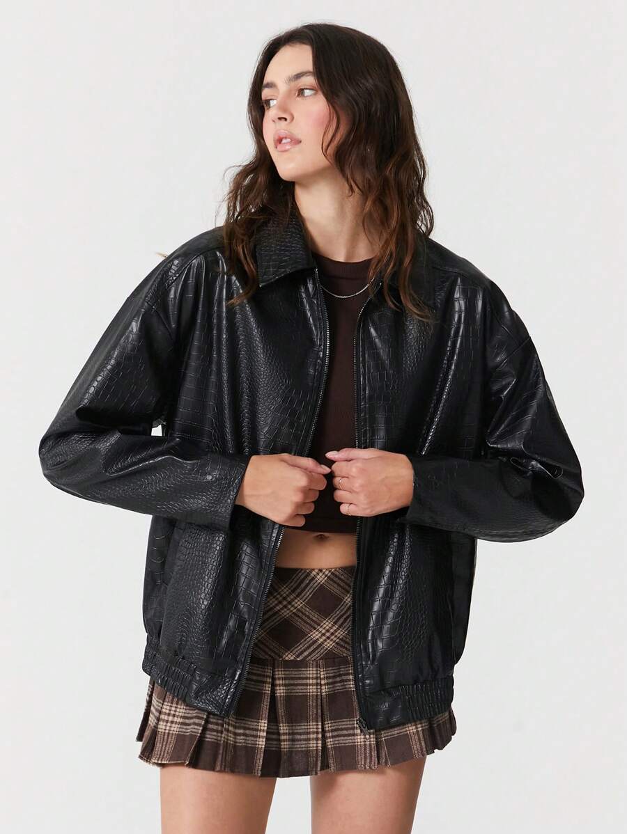 SHEIN EZwear Casual And Stylish Zippered Off-Shoulder PU Leather Jacket - Black - View 1