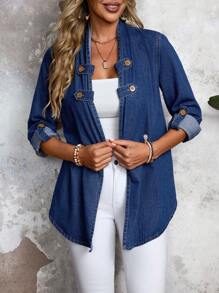 SHEIN LUNE Chaqueta de mezclilla casual suelta de frente abierto con mangas enrolladas y decoración de botones, para primavera y otoño - Azul - Ver 6