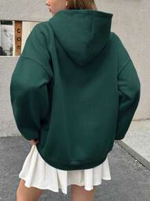 INAWLY 女士意大利字母印花休闲宽松羊毛连帽运动衫，秋冬，长袖上衣 - 墨綠色 - 查看 2