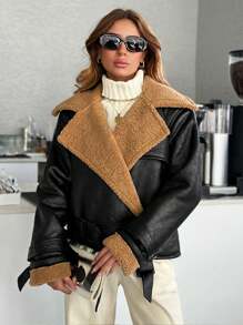 EURMUSE Motorcycle Jacket With Teddy Lining, Zipper, PU Leather - Black - View 1