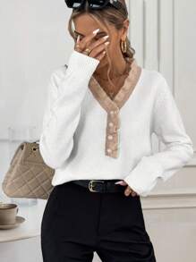 SHEIN LUNE Jersey de cuello en V de manga larga con volantes de contraste para mujer, suéter de punto para otoño e invierno - Blanco - Ver 4