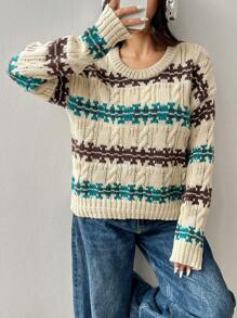 SHEIN Unity Suéter casual holgado de mujer con cuello redondo, mangas largas y hombros caídos, a rayas, de punto, para otoño e invierno - Multicolor - Ver 5