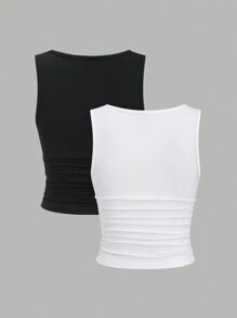 SHEIN Unity 女士休闲褶饰衬垫圆领背心 - 黑色 - 查看 2