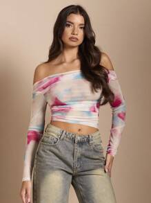 SHEIN BAE Stretch Mesh Knitted Graphic Print Off-Shoulder Fall Women Clothes Long Sleeve Top - Hot Pink - View 6