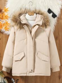 Teen Girl Hooded Fluffy Collar Casual Padded Padded Coat, Winter - Beige - View 1