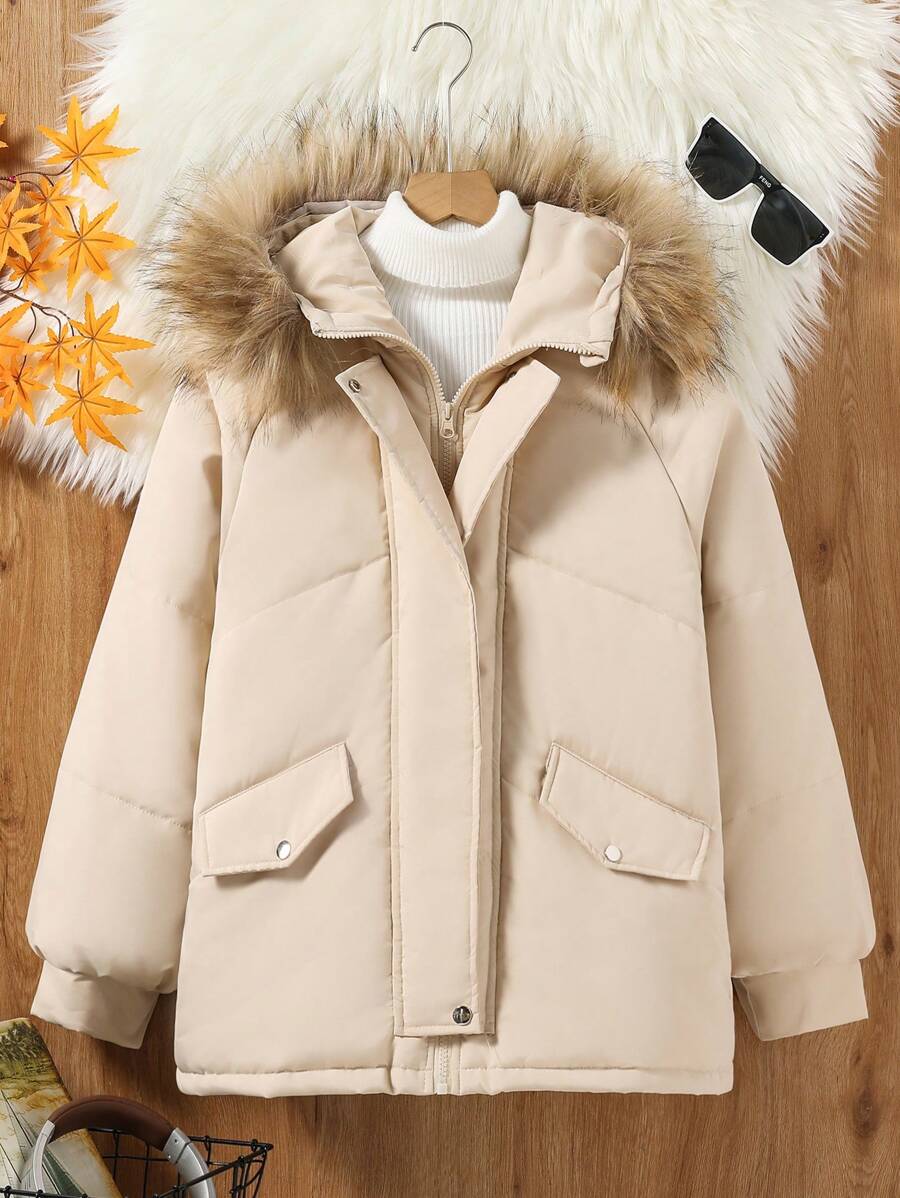 Teen Girl Hooded Fluffy Collar Casual Padded Padded Coat, Winter - Beige - View 1