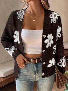 Chiquease 女士时尚花卉印花前扣长袖开衫 - 鏽棕色 - 查看 5