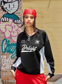 Streetz SHEIN Sport Sudadera de cuello redondo para mujer con estampado de letras de color contrastante y manga larga, Top de invierno para mujer