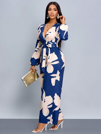 For Everyday Wear Elegant Allover Print Lantern Sleeve Wide Leg Jumpsuit