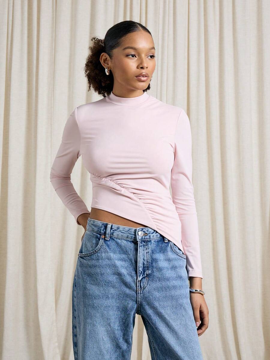AiiRZ Side Ruched Detail Fitted Long Sleeve High Neck Top