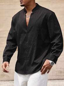 Manfinity Homme 大码男士休闲纯色缺口领长袖衬衫，秋季 - 黑色 - 查看 5