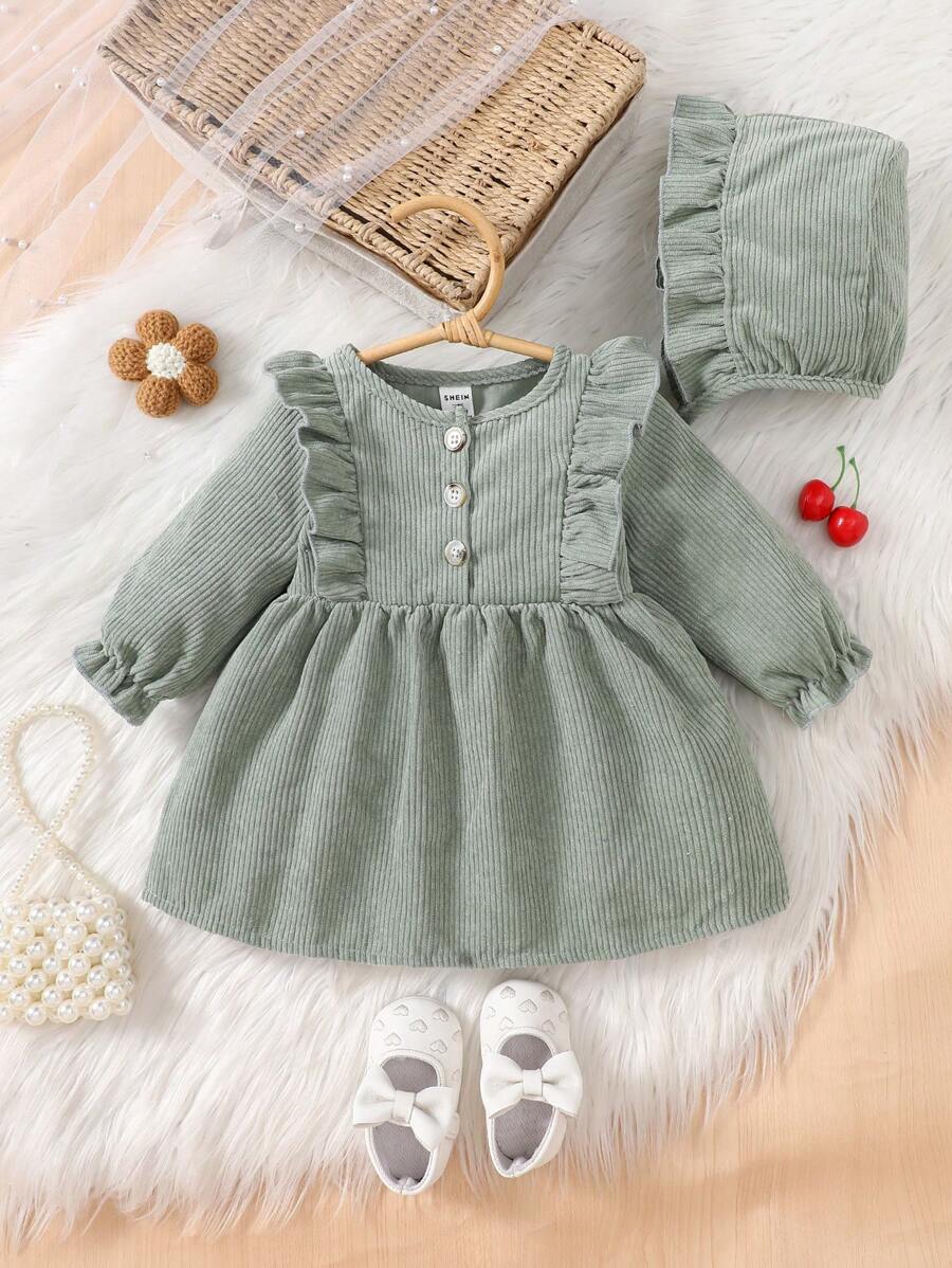SHEIN Baby Girl Refreshing Green Ribbed Ruffle Trim Long Sleeve Dress And Hat Set - Mint Green - View 1