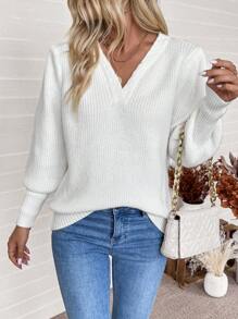 SHEIN LUNE 女士纯色 V 领灯笼袖休闲毛衣