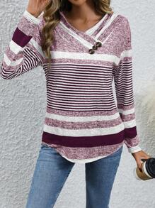 EMERY ROSE Women's Striped Print Contrast Color V-Neck Button Decorated Long Sleeve T-Shirt Graphic Tees Women Tops For Spring Outfit