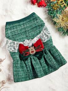 PETSIN 1 pièce Robe de chien décorative avec nœud de cerf, patchwork à carreaux verts de Noël et dentelle pour animaux de compagnie