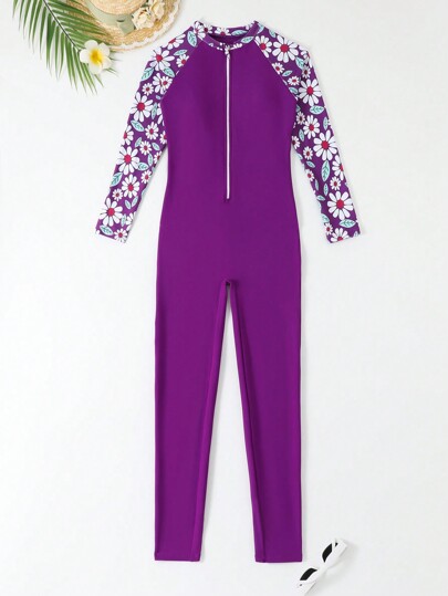 Tween Girl One-Piece Floral Print Patchwork Swimsuit For Vacation & Beach Summer Holiday