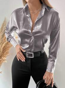 EURMUSE Drop Shoulder Button Front Shirt - Silver - View 5