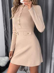 SHEIN Clasi Women's Elegant Work-Wear Button-Decorated Short Sweater Dress In Fall/Winter - Apricot - View 6