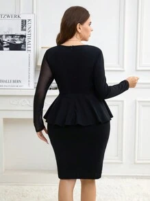 SHEIN Clasi Plus Size Women Solid Color Crew Neck Long Sleeve Mesh Ruffle Trim Elegant Dress
