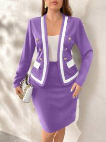 SHEIN Clasi Bộ 2 bộ vest công sở màu tương phản đen trắng cỡ lớn cho đi làm, mùa thu/đông - Màu tím - Xem 6