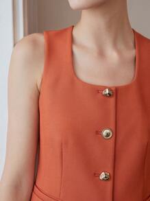 MOTF PREMIUM 纯色单排扣方领背心 - 橘色 - 查看 3