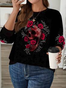 SHEIN LUNE Casual Simple Rose Skull Print Plus Size Women Sweatshirt, Suitable For Autumn And Winter