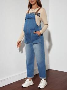 SHEIN 孕妇宽松牛仔工装裤和休闲阔腿七分裤 - 彩色 - 查看 4