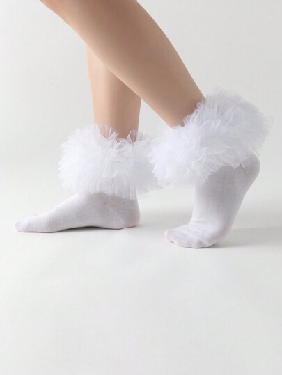 Kawaii Women's Solid Color Mesh Splice Mid-Calf Socks, Suitable For Daily Wear