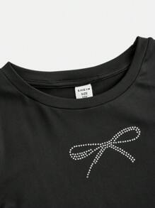 SHEIN Leap Crew Tween Girls Plain Knit Crew Neck Long Sleeve Top, Casual Everyday Wear - Black - View 4