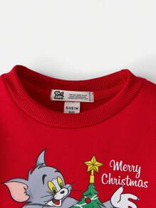 TOM & JERRY X SHEIN Baby Girl Christmas Cartoon And Letter Graphic Red Sweatshirt ,Christmas Gifts - Red - View 4