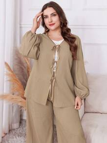 Mulvari 2 件套纯色系带长袖简约上衣和裤子套装，适合大码 2 件套