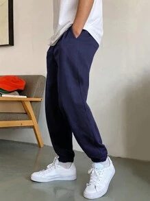 Manfinity Homme Men's Casual Solid Color Drawstring Waist Slant Pocket Jogger Sweatpants - Navy Blue - View 3