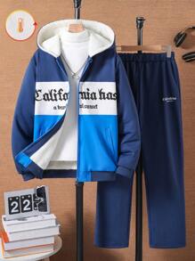 2 件套青少年男孩字母印花对比保暖内衬连帽衫和黑色裤子运动装，适合日常穿着 - 彩色 - 查看 1