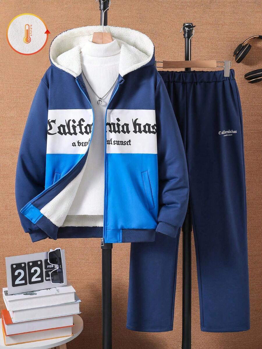 2 件套青少年男孩字母印花对比保暖内衬连帽衫和黑色裤子运动装，适合日常穿着 - 彩色 - 查看 1