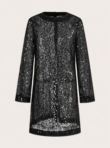 Maija Đầm mini cổ đứng chắp vá đính sequin cho nữ dài tay - màu đen - Xem 7