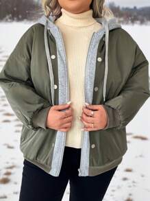 SHEIN LUNE 大码女式拼色连帽拉链夹克，冬季秋季服装