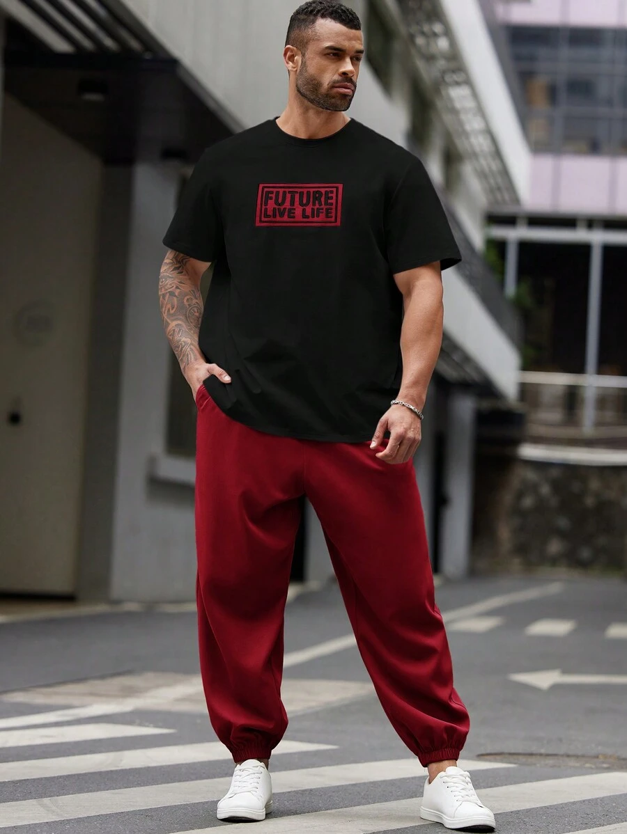 Manfinity RebelGame Bộ 2 áo thun tay ngắn và quần jogger size lớn cho nam - Đỏ - Xem 1