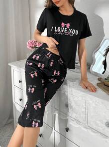 SHEIN Bow Letter Print Short Sleeve Shorts Pajamas Set - Black - View 4