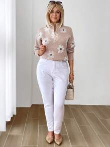 SHEIN LUNE Women's Floral Jacquard V-Neck Long Sleeve Sweater - Multicolor - View 5