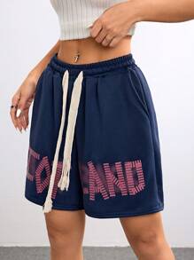 Muchica 女士街头风字母印花抽绳腰部运动短裤 - 藏蓝色 - 查看 1