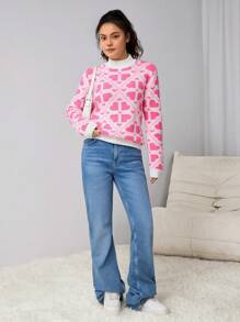 Teen Girl Pink Four-Leaf Clover Plush Warm & Soft Yarn Colorblock Stand Collar Sweater, Suitable For Outings, Gatherings, Parties, Warm For Autumn/Winter - Pink - View 5