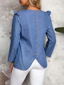 Women's Casual Denim Shirt With Back Button Detail, Autumn