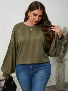 SHEIN LUNE Plus Size Loose Solid Color Round Neck Drop Shoulder Long Sleeve T-Shirt, Autumn Plus Size Fall Clothes - Army Green - View 5