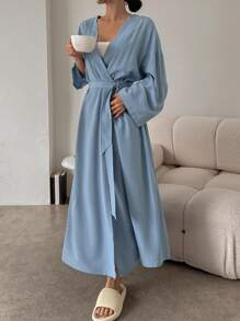 DAZY 宽松版型，系腰，纯色长袖睡袍，适合秋季睡衣