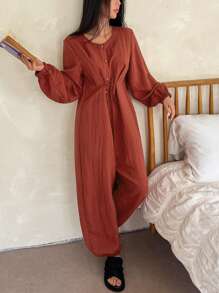 DAZY Casual Loose Half-Zip Tie Front Jumpsuit Pajama - Red - View 6