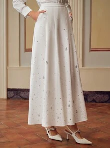 ZEYLAH RHINESTONE DETAIL SLANT POCKET FLARE SKIRT
