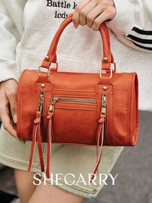 SHECARRY 女士顶部提手包斜挎包，PU，四季通用，适合晚餐/约会/派对/学校/旅行/通勤/购物包，Y2K，蒸汽朋克，
时髦，哥特式风格，怪异风格，
女士顶部提手包，斜挎包，流苏，多个口袋，鳄鱼印花，适合派对，纯色/返校，适合学生 - 橘色 - 查看 6